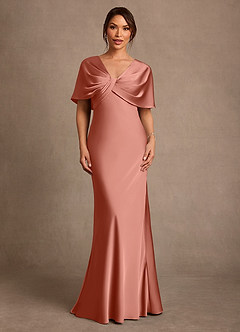Azazie Dosia Mother of the Bride Dresses Salmon Pink Sheath Pleated Stretch Satin Dress image1