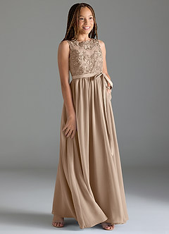 Azazie Elly Junior Taupe A-Line Lace Chiffon Dress image4