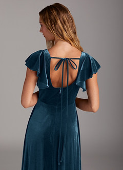 Azazie Bondi Vestidos de damas de honor Vestido de Topacio Azul de terciopelo de Corte en A con Corte Lateral image2