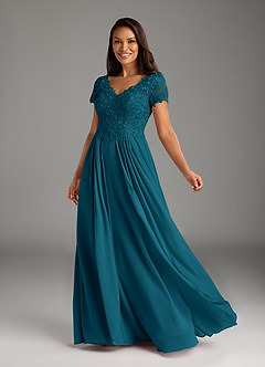 Azazie Dunja Mother of the Bride Dresses Ink Blue A-Line V-Neck Lace Chiffon Dress image2