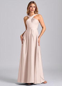 Azazie Dixie 신부 들러리 드레스 A라인 주름진 스트레치 새틴 바닥 길이 드레스 image4