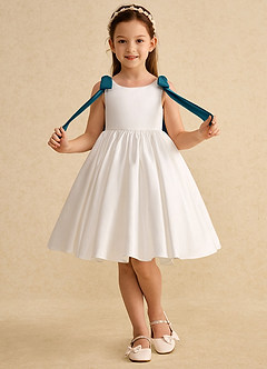 Azazie Stacie Flower Girl Dresses Ivory Ink Blue A-Line Bow Matte Satin Dress image4