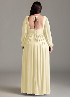 Azazie Norah Robes de demoiselle d'honneur Robe Trapèze en Mousseline de soie Col en V, manches longues Sorbet Citron image7