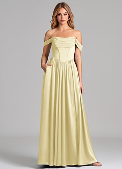 Azazie Raisa Jurken voor bruidsmeisjes Jurk van Stretch Satijn met A-Lijn Off the Shoulder Citroensorbet image1