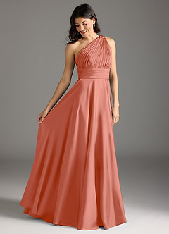 Azazie Charlize Bridesmaid Dresses Salmon Pink A-Line One Shoulder Stretch Satin Dress image2