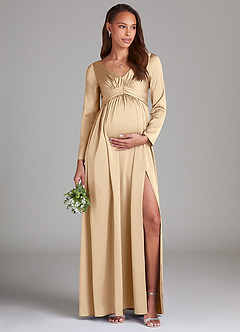 Azazie Teton Final Sale A-Line Long Sleeve Stretch Satin Floor-Length Dress image1