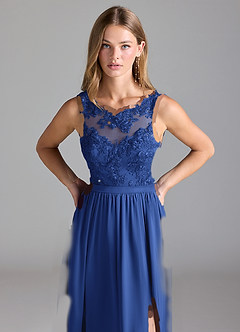 Azazie Elly Bridesmaid Dresses Royal Blue A-Line Lace Stretch Satin Dress image5