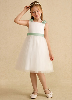 Azazie Lona Abiti da Ragazza di Fiori Abito A-Line in Raso Opaco Fiocco Avorio Salvia Polverosa image3