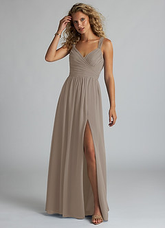 Azazie Aziza Bridesmaid Dresses Taupe A-Line V-Neck Pleated Chiffon Dress image2