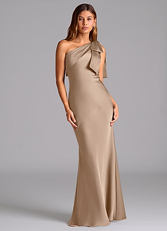 Azazie Yuanna Bridesmaid Dresses Taupe Mermaid One Shoulder Stretch Satin Dress image1