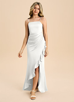 Azazie Buzzy Junior White Sheath Pleated Stretch Satin Dress image5