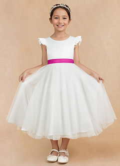 Azazie Hemi Flower Girl Dresses Ivory Fuchsia A-Line Bow Tulle Dress image3
