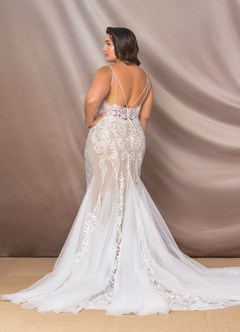 Azazie Josephine Final Sale Diamond White Nude Mermaid V-Neck Sequins Tulle Dress image9