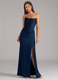 Azazie Marla Vestidos de damas de honor Vestido de Azul Marino Oscuro de Satén Elástico de Corte Recto Convertible con Sin tirantes image4