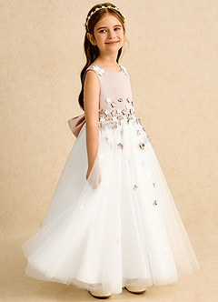 Azazie Eleni Blumenmädchenkleider Ballkleid Schleifen Tüll Kleid Elfenbein Englisches Rosa image5