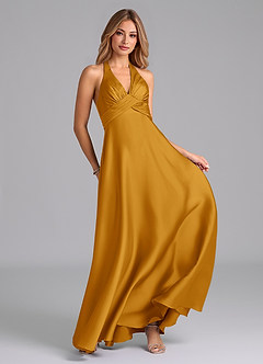 Azazie Tessie Bridesmaid Dresses Butterscotch A-Line Pleated Stretch Satin Dress image4