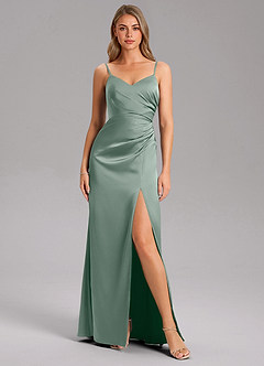 Azazie Azuree Essayer des robes à la maison Robe Trapèze en Satin extensible Plissée Eucalyptus image6