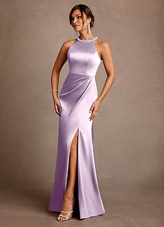 Azazie Lawrence Mother of the Bride Dresses Frosted Lilac A-Line Pleated Stretch Satin Dress image2