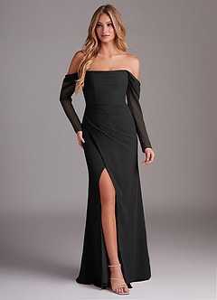 Azazie Hallie Abiti da Damigella Abito Sirena in Chiffon Manica Lunga Nero image1