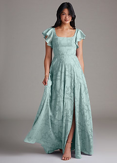 Azazie Bondi Bridesmaid Dresses Mist A-Line Side Slit Floral Burnout Dress image1