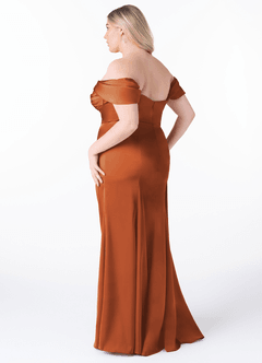 Azazie Amyra Bridesmaid Dresses Cinnamon Sheath Off the Shoulder Stretch Satin Convertible Dress image12