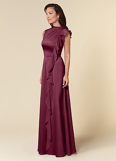 Azazie Narine Mother of the Bride Dresses Mulberry A-Line High Neckline Pleated Stretch Satin Dress image2