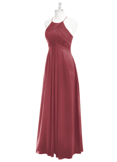 Azazie Ginger Abiti da Damigella Abito A-Line in Chiffon con Scollo Halter a Pieghe Merlot image8