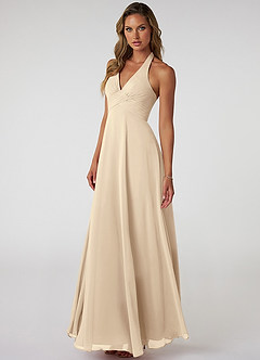 Azazie Tessie Bridesmaid Dresses Champagne A-Line V-Neck Pleated Chiffon Dress image3