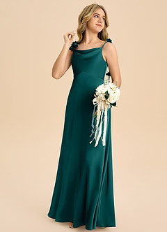 Azazie Gumdrop Junior Abito Impero in Raso Elasticizzato Plissettato Verde Pavone image4