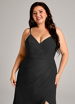 Azazie Maci At-home Try On Dresses Black Sheath Pleated Chiffon Dress image12