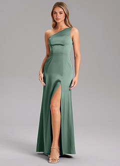 Azazie Feby Bridesmaid Dresses Eucalyptus A-Line One Shoulder Stretch Satin Dress image6