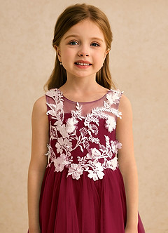 Azazie Mixie vestidos de niña de las flores Vestido de Borgoña de Encaje de Corte Princesa image7