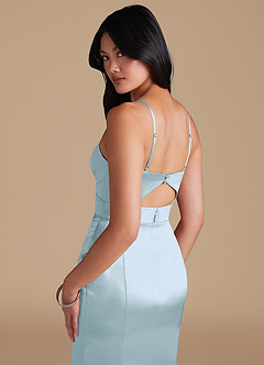 Azazie Shania Vestidos de damas de honor Vestido de Azul Cielo de Satén Metálico de Corte Recto con Plisado image4