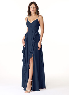Azazie Peyton Abiti da Damigella Abito A-Line in Chiffon Increspato Marino Scuro image1