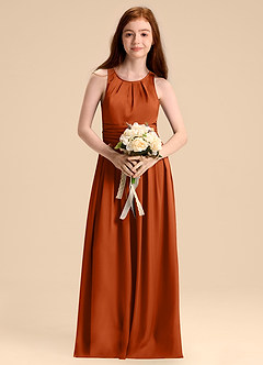 Azazie Bibiane Junior Abito A-Line in Raso Elasticizzato Plissettato Arancia Bruciata image4