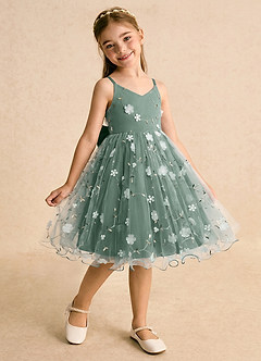 Azazie Junebug Flower Girl Dresses Eucalyptus Ball-Gown Spaghetti Strap Tulle Dress image2