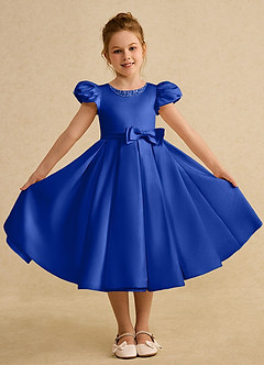Azazie Pearl Flower Girl Dresses Royal Blue Ball-Gown Pleated Matte Satin Dress image4