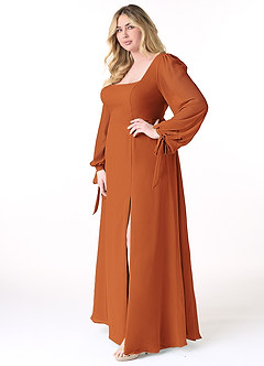 Azazie Leonia Bridesmaid Dresses Cinnamon A-Line Long Sleeve Chiffon Dress image10