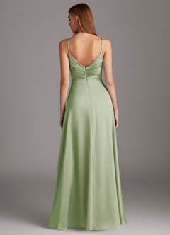 Azazie Calissa Final Sale Dusty Sage A-Line V-Neck Pleated Stretch Satin Dress image2