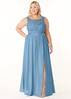 Azazie Elly Abiti da Damigella Abito A-Line in Chiffon Scollo a barchetta in pizzo Blu Acciaio image7