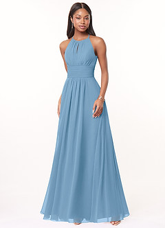 Azazie Bonnie Bridesmaid Dresses Steel Blue A-Line Keyhole Ruched Chiffon Dress image1