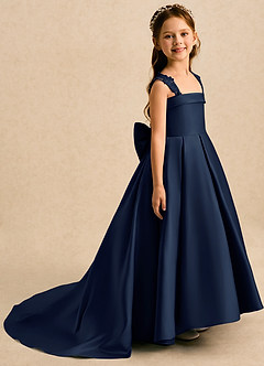 Azazie Genie Flower Girl Dresses Dark Navy Ball-Gown Off the Shoulder Matte Satin Dress image1