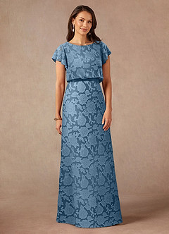 Azazie Lehi vestidos de madre de la novia Vestido de Azul Acero de Devorado Floral de Corte En A con Cuello de barco image3