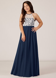 Azazie Fahari Junior A-Linie Spitze Chiffon Kleid Dunkelmarine image2