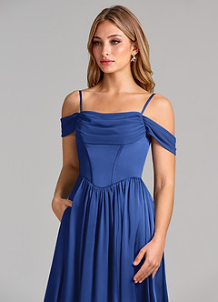 Azazie Raisa Bridesmaid Dresses Royal Blue A-Line Off the Shoulder Stretch Satin Dress image7