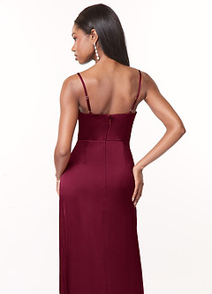 Azazie Maci Robes de demoiselle d'honneur Robe Trapèze en Satin extensible Col V plissé Bourgogne image4