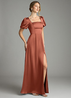 Azazie Fyona Bridesmaid Dresses Clay A-Line Pleated Stretch Satin Dress image5