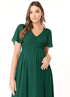 Azazie Verna Robes de demoiselle d'honneur de maternité Robe Trapèze Col V froncé Longueur ras du sol Mousseline de soie image5