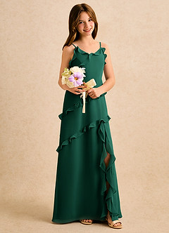 Azazie Lola Girls Formal vestidos de niña de las flores Vestido Esmeralda de Gasa de Corte en A con Drapeado image4
