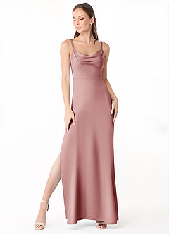 Azazie Alaija Robes de demoiselle d'honneur Robe Sirène en Satin extensible Fente Latérale Rose Poussiéreuse image2